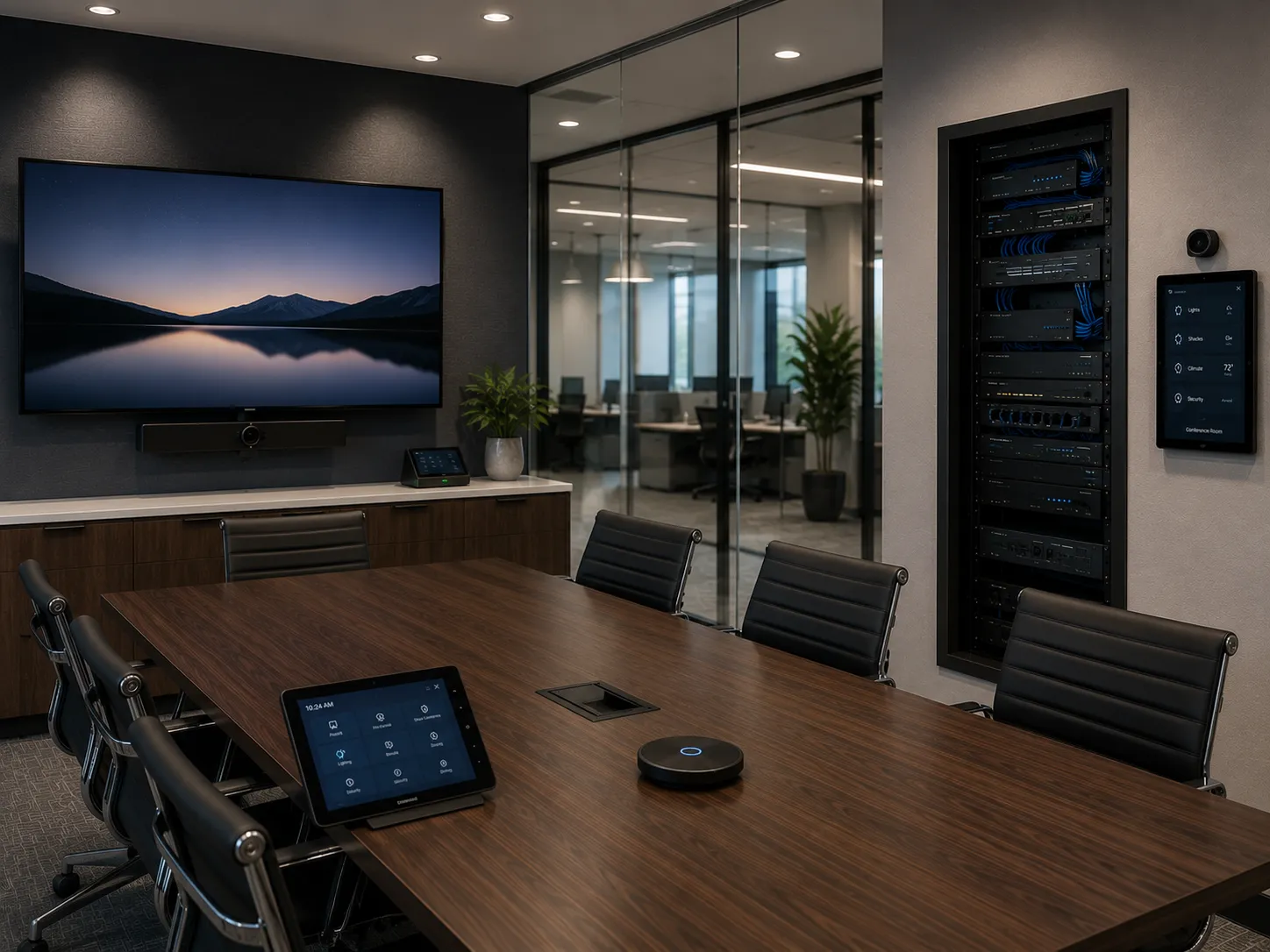 Modern conference room with a wall-mounted display, video bar, and a dedicated AV and network rack