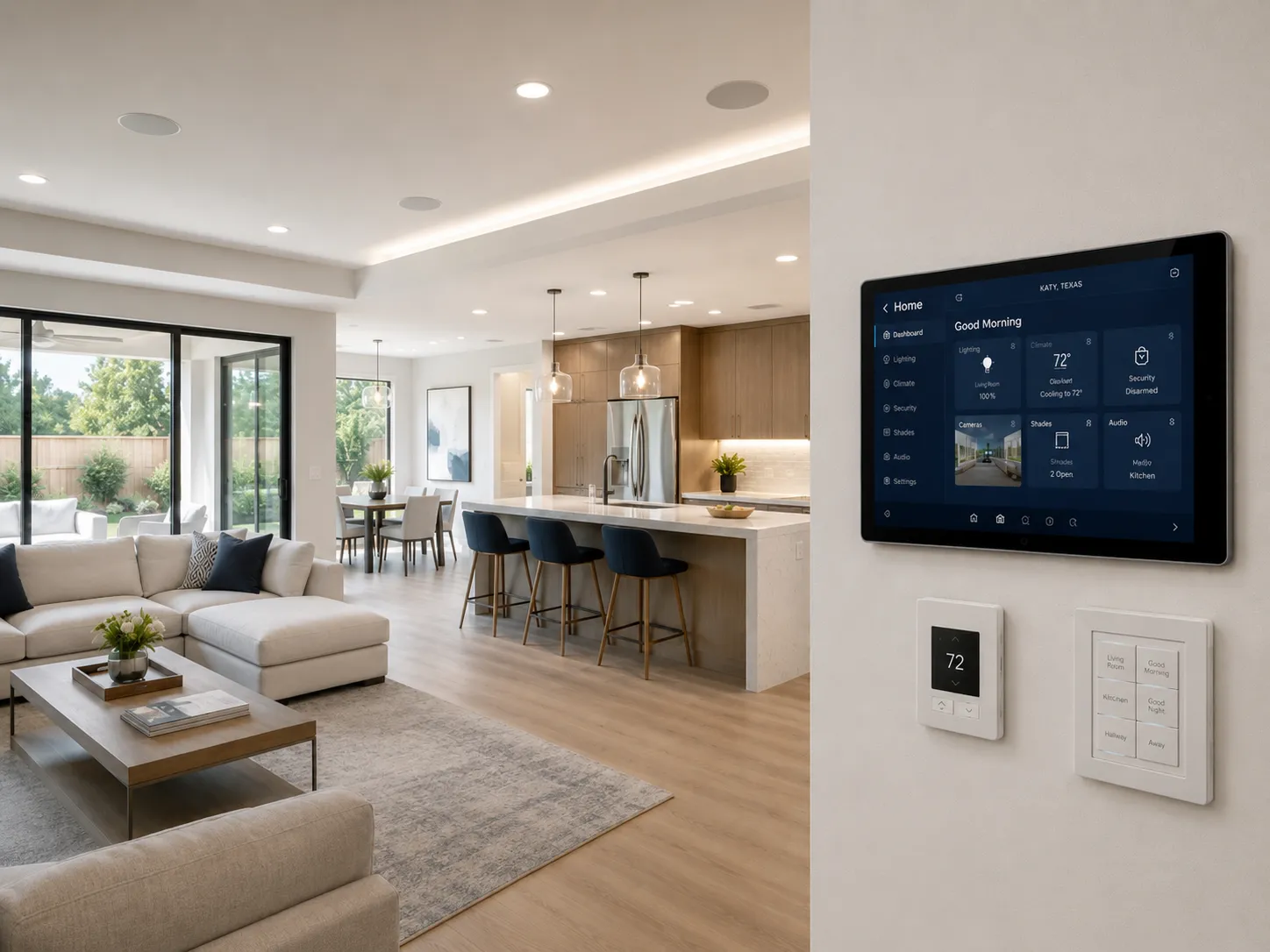 Smart-home control panel and keypad in a modern open-plan Katy living room