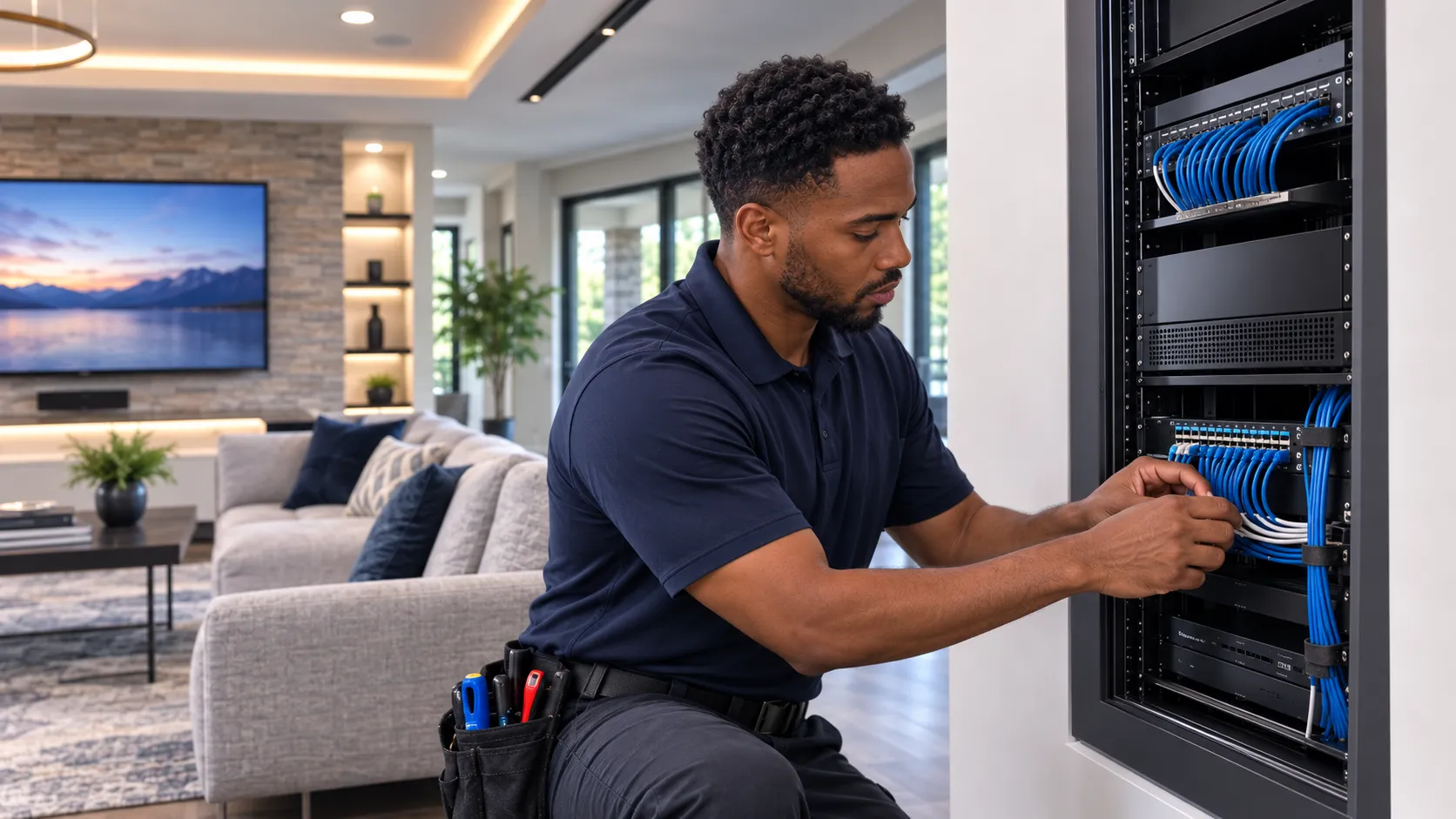 Design Peak Solutions technician wiring a structured network rack in a modern home