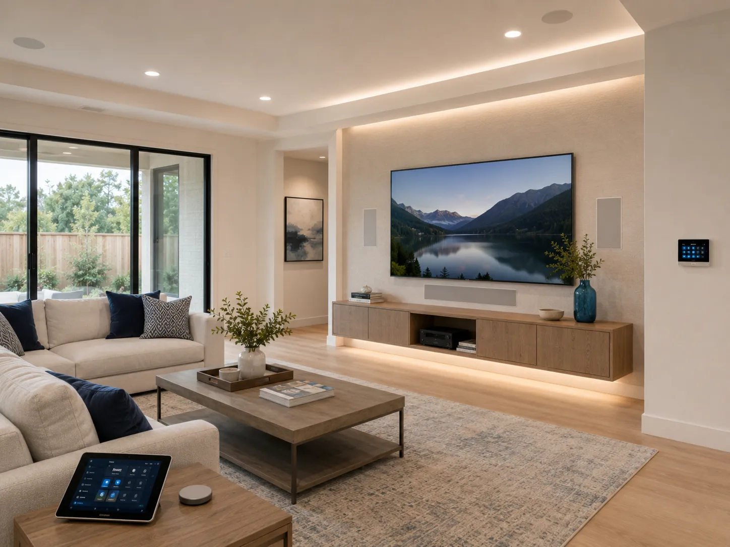 Smart lighting and a wall-mounted display in a calm, modern living room