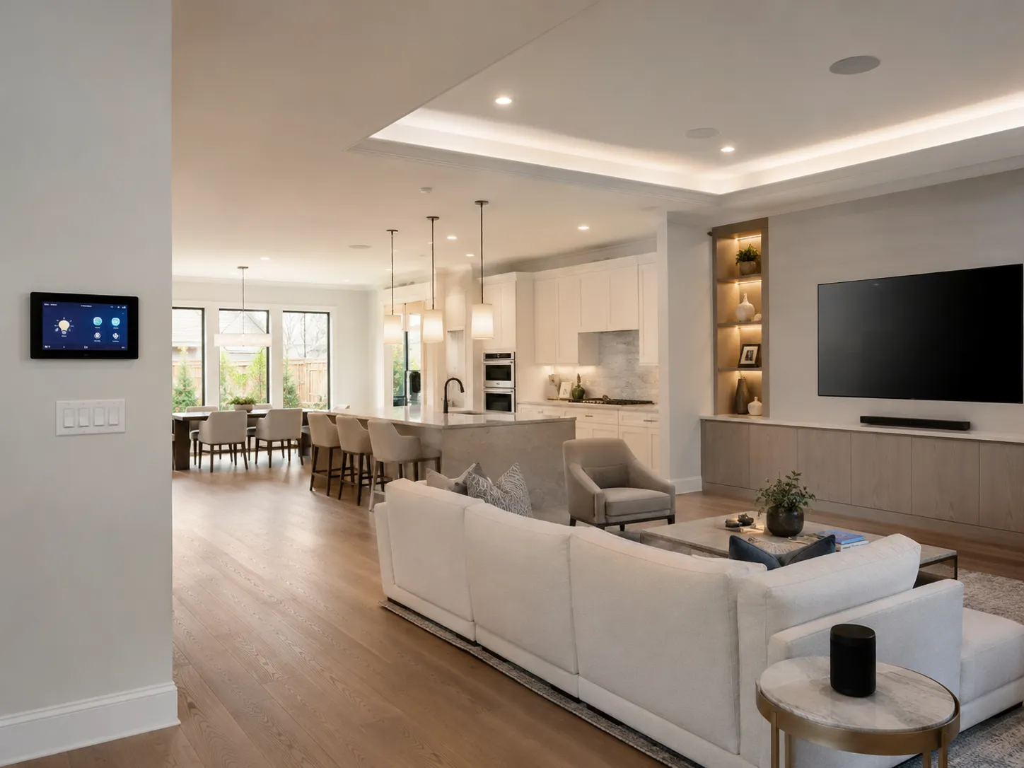 Open-plan Katy living room with a wall-mounted smart-home control panel, integrated lighting, and a media wall